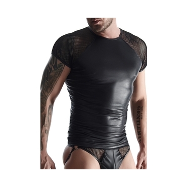 WETLOOK & MESH MENS CAMISETA MAGAS REJILLA - NEGRO